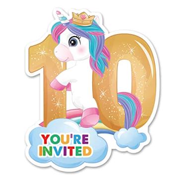 Imagem de Opomzk Convites de festa de 10 anos de unicórnio fofo com envelopes, conjunto de 20 convites de unicórnio em formato de dez convites para meninas, décimo aniversário, festa infantil convites