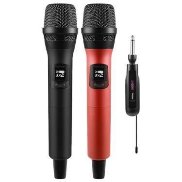 Imagem de Microfone sem fio FerBuee duplo profissional dinâmico sem fio sistema de microfone portátil para amplificador, sistema de PA, karaokê, reunião, festa, igreja, DJ, casamento (preto e vermelho)