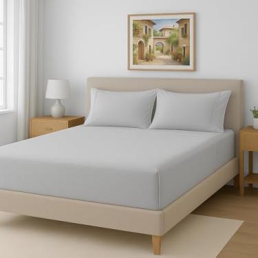 Imagem de Lençol King 3 Peças 300 Fios 100% Algodão Egípcio – Lençol com Elástico + 2 Fronhas com Ponto Palito (Cinza)