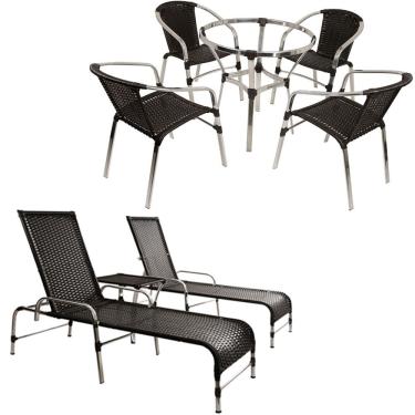 Imagem de Kit Jogo de 4 Cadeiras e Mesa Floripa em Alumínio Com 2 Espreguiçadeiras Roma regulável e Trama