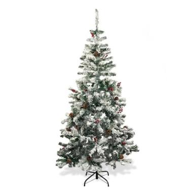 Imagem de Árvore de Natal Nevada com Pinhas e Frutas 1,80m de Altura 611 Galhos Verde e Branco Premium