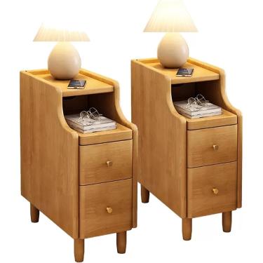 Imagem de Cabeceira de cabeceira de cabeceira estreita conjunto de 2 com 2 gavetas e mesa de cabeceira aberta mesa de cama final estreita de madeira de cabeceira vintage marrom para quarto