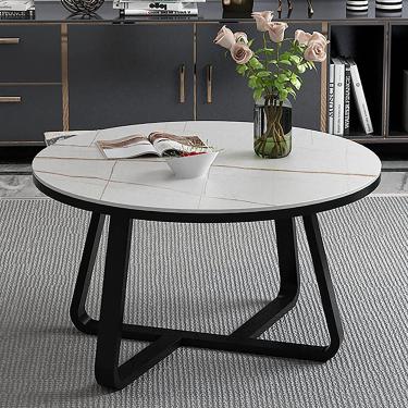 Imagem de Mesa de café redonda, mesa final de ardósia de sotaque moderno, mesa de sofá, mesa final para pequenos espaços, estrutura de metal resistente, montagem fácil, para o escritório da varanda da