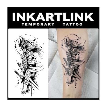 Imagem de INKARTLINK 2 Folhas De Tatuagens Semipermanentes Extragrandes, Desenhos Artísticos Temporários Para Adultos, À Prova D'Água, Realistas, Sem Adesivo, Reflexivas, Duram 1 A Semanas (Guerreiro Lâmina D