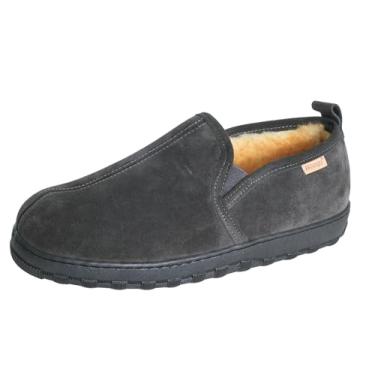 Imagem de PEDOQU Pantufa masculina com cabedal de camurça forrada com pele de carneiro e sola de borracha de espuma viscoelástica e sola de borracha de espuma de memória, faixa dupla fechada e chinelos