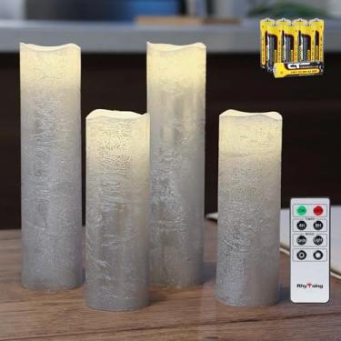 Imagem de Rhytsing Velas de LED Skinny Silver operadas por pilha, velas sem chama com controle remoto, acabamento de cera texturizada, 8 baterias incluídas – Diâmetro 5 cm - Conjunto de 4