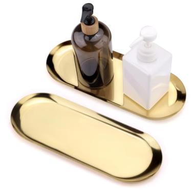 Imagem de 2 bandejas decorativas de aço inoxidável para balcão, bandeja oval dourada de 29,7 cm x 12 cm, prato de perfume de joias de metal para cômoda, dispensador de sabonete, organizador de vaso sanitário