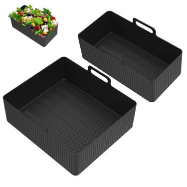 Imagem de 2 peças de forros de silicone para fritadeira a ar de grau alimentício, bandeja antiaderente, resistente ao calor, lavável na lava-louças, para assar com 2 gavetas pequenas e grandes