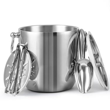 Imagem de Golden Cudgel Balde de gelo isolado, balde de gelo de aço inoxidável de parede dupla 3L com pinças, tampa, colher e coador, baldes de gelo para festas, bares de coquetel, cerveja gelada, champanhe