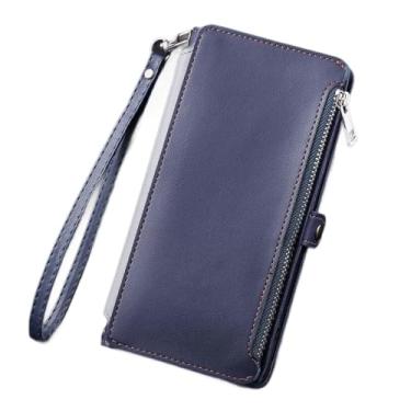 Imagem de HAO RIYLN Capa carteira para iPhone 16 Pro Max/16 Pro/16 Plus/16, capa de proteção de telefone de couro com zíper com alça de pulso capa à prova de choque completa, azul, 16