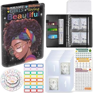 Imagem de Yuxcfhjfe Desafio de economia de dinheiro com 100 envelopes, fichário econômico com envelopes de dinheiro, processo motivacional para economizar US$ 5050, livro de desafios de economia A5 - Black Girl