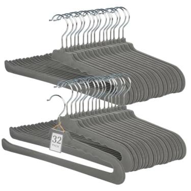 Imagem de Cabides de veludo antiderrapantes de feltro, pacote com 32 - cabides finos e elegantes para armário com economia de espaço e gancho giratório 360 - regata, calça de terno, toalha (cinza)