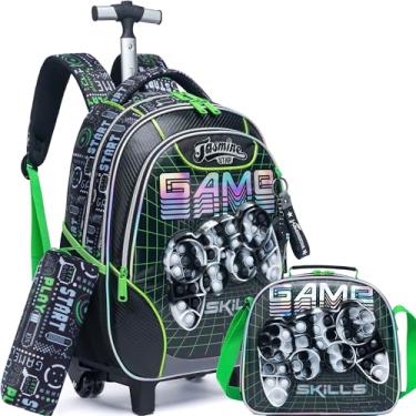 Imagem de Inprof Mochila com rodinhas para meninos e meninas, mochila escolar com lancheira para livros de 8 a 10 anos, Jogo Cyberpunk