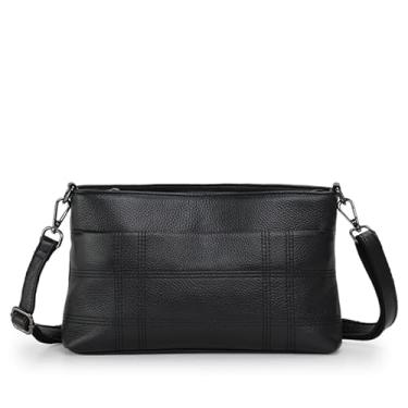Imagem de AIDRANI Couro legítimo, padrão xadrez, couro macio, bolsa de ombro única feminina, preta, alça de ombro removível, bolsa com zíper, bolsa envelope