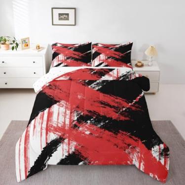 Imagem de jejeloiu Conjunto de edredom de arte abstrata, tamanho Queen, moderno, geométrico, para meninos, meninas, adolescentes, branco, preto, vermelho, edredom para decoração de quarto