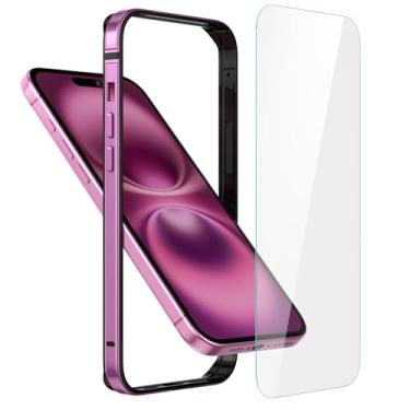 Imagem de Capa de metal para iPhone 16 Plus, capa fina com moldura de alumínio [amortecedor interno macio][proteção de borda elevada] Capa protetora de tela de vidro temperado HD para iPhone 16 Plus de 6,7