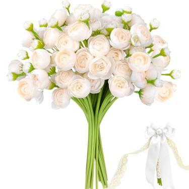 Imagem de 24 peças de flores artificiais de ranúnculo com laços, fitas e alfinetes de pérola, mini peônias de seda sintética para buquês de casamento, decorações de chá de panela e decorações de mesa de casa