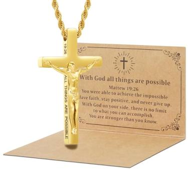 Imagem de DS Colar de cruz cristã para homens e mulheres - colares de crucifixo de aço inoxidável ouro 18K com versículo bíblico inspirador presente religioso para oração fé Jesus/Deus cristão católico joia