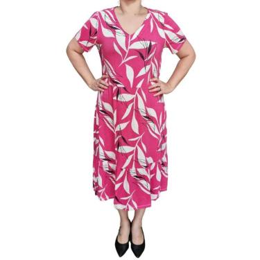 Imagem de Vestido Biografia Estampa Folhas Rosa Plus Size
