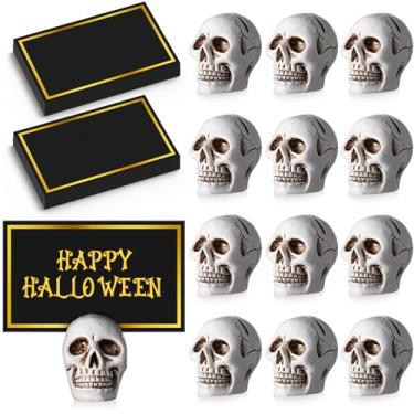 Imagem de MotiMind Conjunto de 24 porta-cartões de caveira de Halloween com 48 peças de cartões de lugar de resina, porta-números de mesa de cabeça de caveira, clipes de centro de mesa para decoração de festa