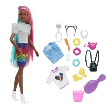 Imagem de Barbie Fashion & Beauty Penteado Arco-íris Animal Print Negra - Mattel