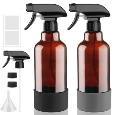 Imagem de Frascos de vidro âmbar com manga de silicone, pacote com 2 recipientes recarregáveis de 473 ml com bicos de spray ajustáveis, spray vazio para soluções de limpeza, cabelo, plantas, óleos essenciais