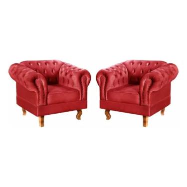 Imagem de Kit 2 Poltronas Chesterfield Dom Pedro Vintage Retrô Capitonê Suede Vermelho