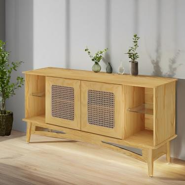 Imagem de Rack Para Tv De Madeira 2 Portas Em Rattan E 2 Prateleiras De Vidro - Garapa