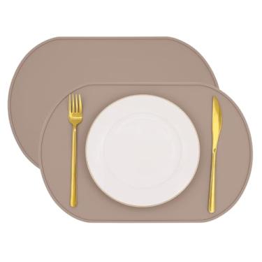 Imagem de yuuzue Jogo americano de silicone, jogo americano resistente ao calor para mesa de jantar, jogo americano portátil reutilizável para bebês, à prova d'água, à prova de manchas, tapete oval de silicone