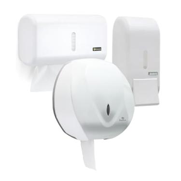Imagem de Conjunto Toalheiro Médio Saboneteira 400ml Dispenser Papel Higiênico Rolão Praticidade Economia Banheiros Shopping Escola Hospital