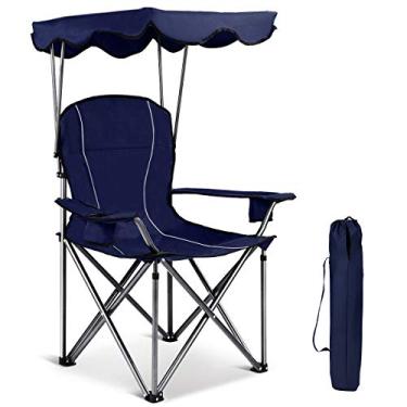 Imagem de GYMAX Cadeira de acampamento Canopy, cadeira esportiva dobrável com guarda-sol e bolsa de transporte, cadeira resistente portátil para praia, piscina, piquenique de viagem (azul)