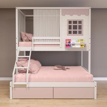 Imagem de Beliche Casinha Reta Casal/ Solteiro 02 Gavetas Rosa Cortina Madeira Maciça Branco/ Rosa Housin