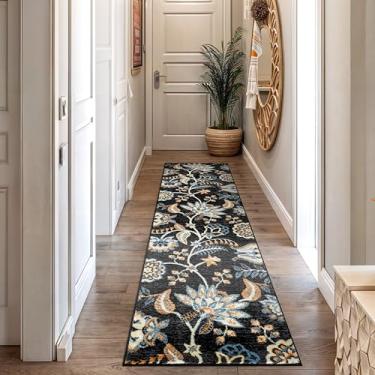 Imagem de Rugshop Tapete de corredor floral preto – Tapete botânico colorido para sala de estar, quarto ou sala de jantar – Tapete de corredor tradicional macio, sem queda, 7,6 cm x 20 cm, preto