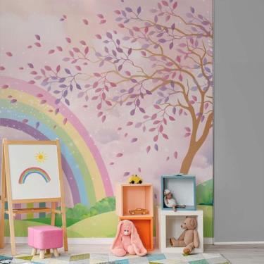 Imagem de Papel de Parede Menina Jardim Arco-íris Aquarela Painel 6m² - Quartinh