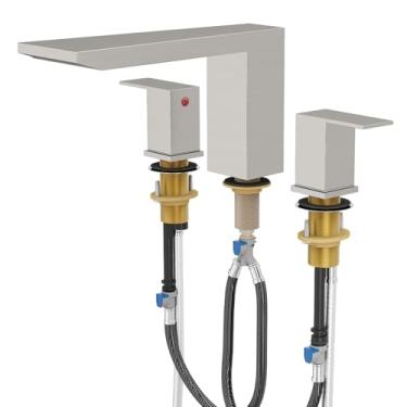 Imagem de BESy Torneiras de banheira romanas de cachoeira, conjunto de torneiras de banheira de montagem em convés, 3 furos, duas alças, torneiras de banheira de enchimento generalizadas com válvula, mangueiras