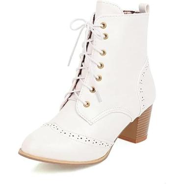 Imagem de Moda Empilhada Salto Grosso Plataforma Ankle Booties Brogues Sapatos Femininos Lace Up Derby Boots, Dark Brown, 6 UK