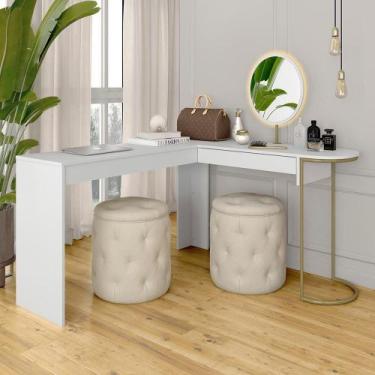 Imagem de Camarim Em L Industrial Com Led E Espelho Oval Mavi Dourado/bco - M.a 