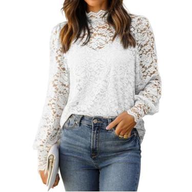 Imagem de Blusa HOTOUCH de renda branca de manga comprida para mulheres com cami