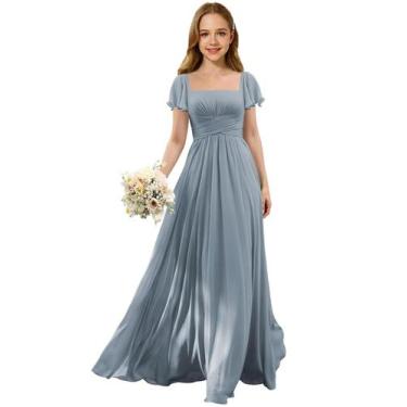 Imagem de Vestido Flower Girl Augday Chiffon Dusty Blue tamanho 16 para meninas