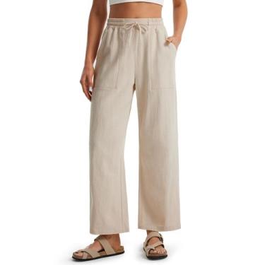 Imagem de Calças femininas Libin, linho, cintura alta, cordão, cáqui, 2GG