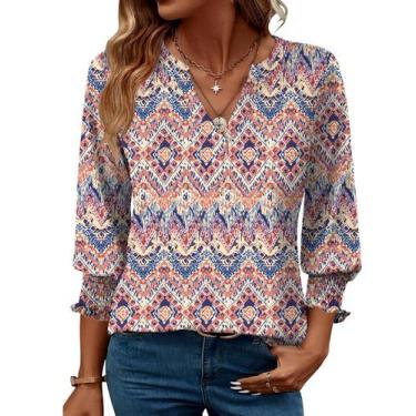 Imagem de Blusa LOMON com estampa floral, manga 3/4, decote em V, feminina, lara