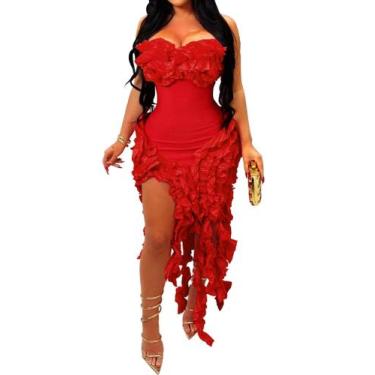 Imagem de Vestido YYmoo Red Ruffle Bandeau Bodycon Wedding Guest Women - Iymoo