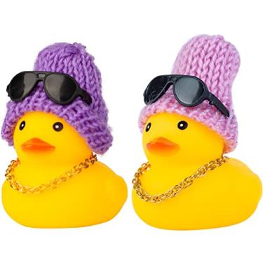 Imagem de MuMyer Enfeites de borracha para carro, 2 unidades, decorações de painel de carro de pato para painel de carro, acessórios de decoração com mini chapéu colar e óculos de sol