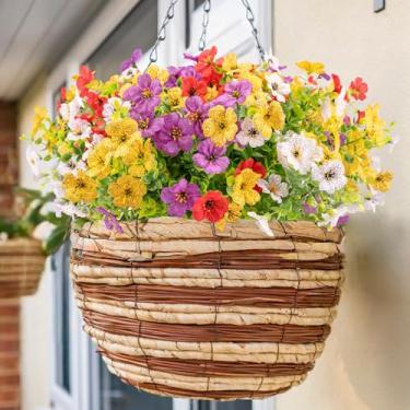 Imagem de WOHSEROM 8 pacotes de flores artificiais violeta ao ar livre, ambientes internos, resistentes a UV de seda falsa com folhas de eucalipto para varanda, jardim, casamento, plantadores (branco, roxo