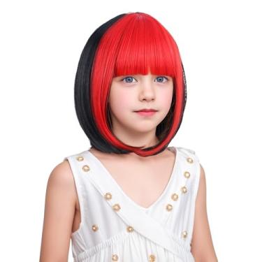 Imagem de Edivd Peruca feminina preta mista vermelha bob curta preta e vermelha com franja para crianças peruca sintética resistente ao calor com touca de peruca