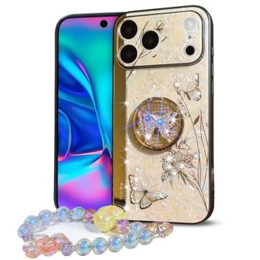 Imagem de Aulzaju Capa para iPhone 17 Pro para mulheres e meninas, design de suporte de flor de borboleta fofa com fundo de pérola de diamante, capa de telefone feminina com glitter de luxo com alça de contas
