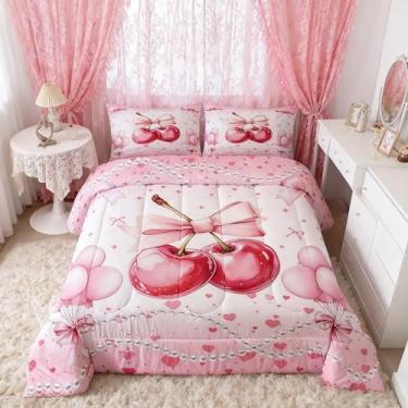 Imagem de Jogo de cama solteiro com laço de cereja e coração, balão de pérola, fofo, fantasia, princesa, para meninos e adolescentes, decoração de quarto rosa e vermelho para todas as estações, 1 fronha