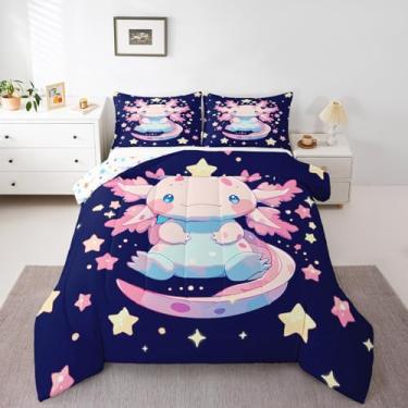 Imagem de Erosebridal Conjunto de cama de axolote rosa para meninas, azul marinho, fofo, tamanho solteiro, kawaii, 3D, decoração de quarto de meninas, edredom colorido com glitter e estrelas