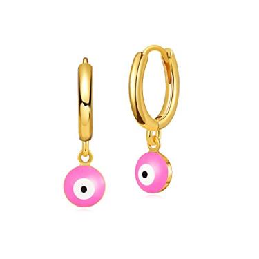 Imagem de Brincos femininos da Huggie, argola dourada, olho turco, contas redondas, pingentes, pingentes, enchimentos de ouro 18K, pequenos, simples, delicados, hipoalergênicos, joias de proteção de ouvido