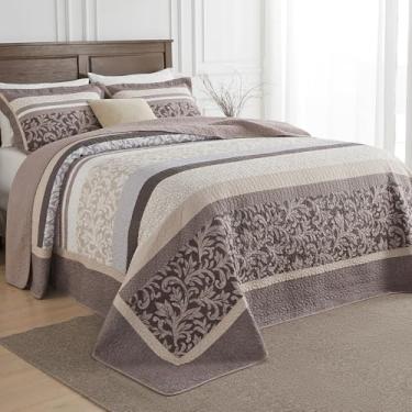 Imagem de SahSahCasa Colcha King extragrande 100% algodão 325 x 304,8 cm - Conjunto de cama leve com edredom acolchoado California King, extragrande, Cal King, GG, listrado, floral, marrom/cinza